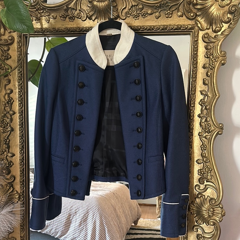 Burberry Navy Blue Military Style Jacket with Cream Accents